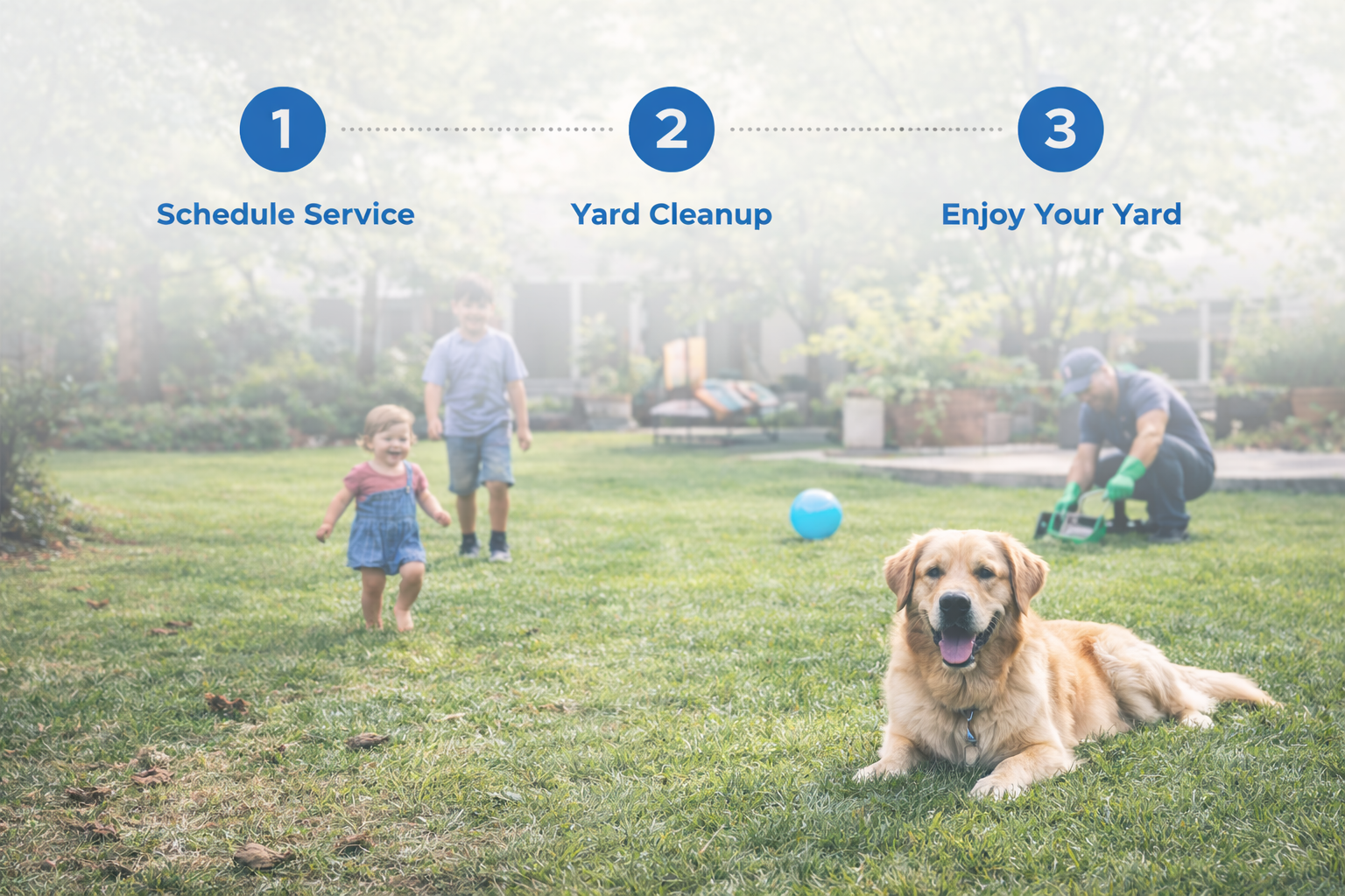 Happy family relaxing in clean yard with their dog